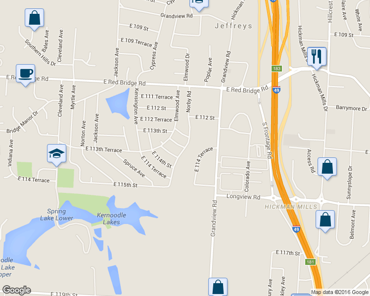 map of restaurants, bars, coffee shops, grocery stores, and more near Norby Rd & E 113th St in Kansas City