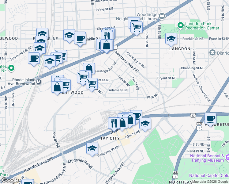 map of restaurants, bars, coffee shops, grocery stores, and more near 101 Independence Avenue Southeast in Washington
