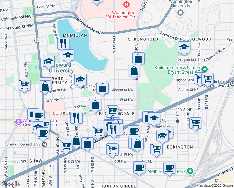 map of restaurants, bars, coffee shops, grocery stores, and more near 101 Independence Avenue Southeast in Washington