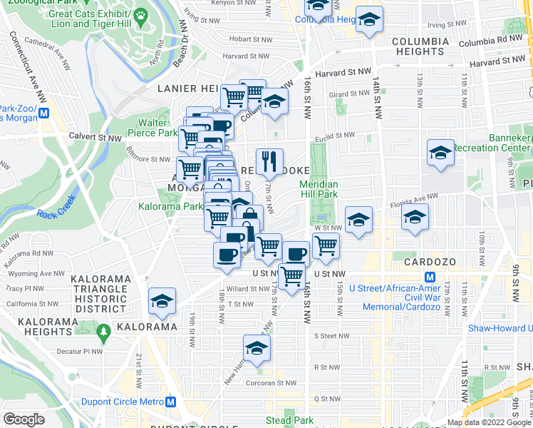 map of restaurants, bars, coffee shops, grocery stores, and more near 2200 17th Street Northwest in Washington, D.C.