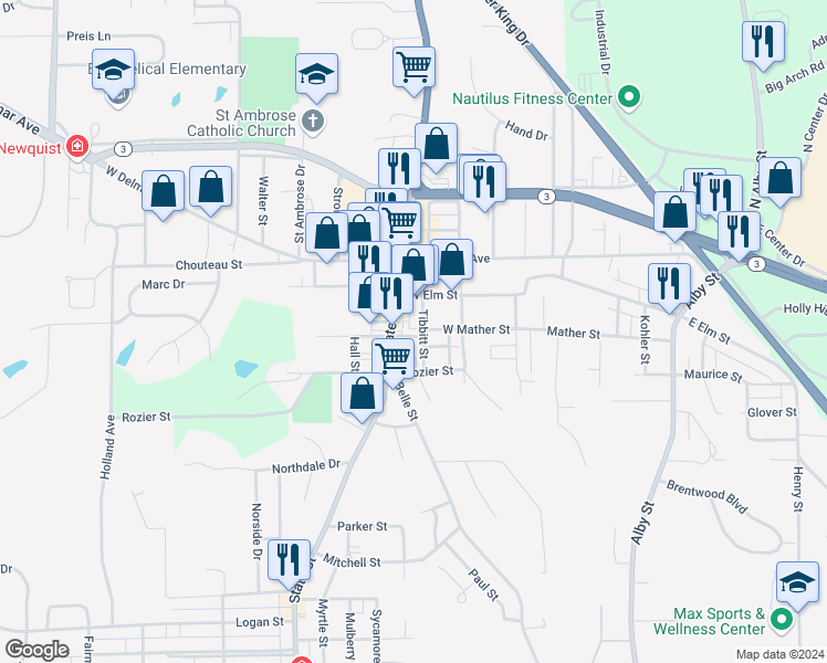 map of restaurants, bars, coffee shops, grocery stores, and more near 2513 State Street in Alton