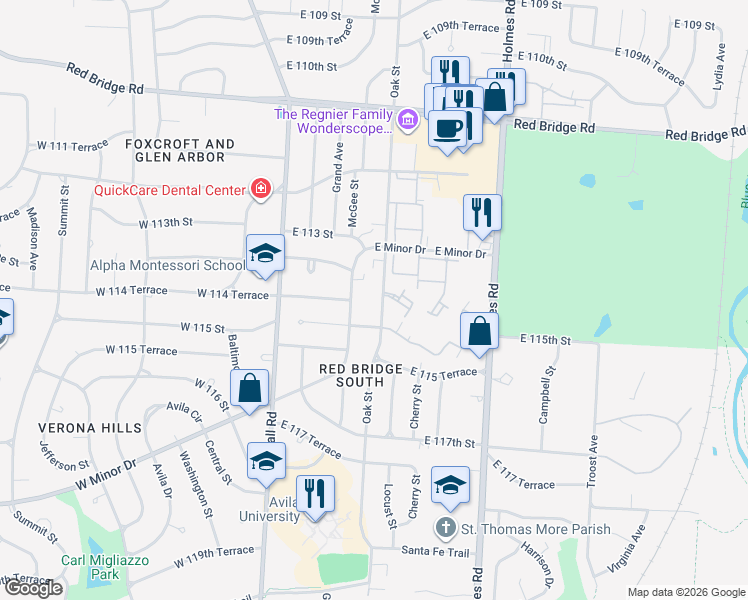 map of restaurants, bars, coffee shops, grocery stores, and more near 11324 Oak Street in Kansas City