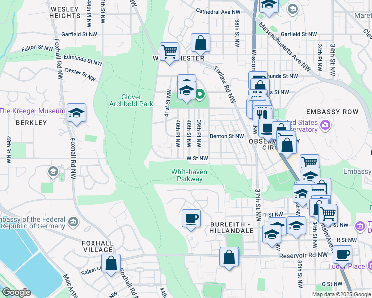 map of restaurants, bars, coffee shops, grocery stores, and more near 2216 40th Street Northwest in Washington