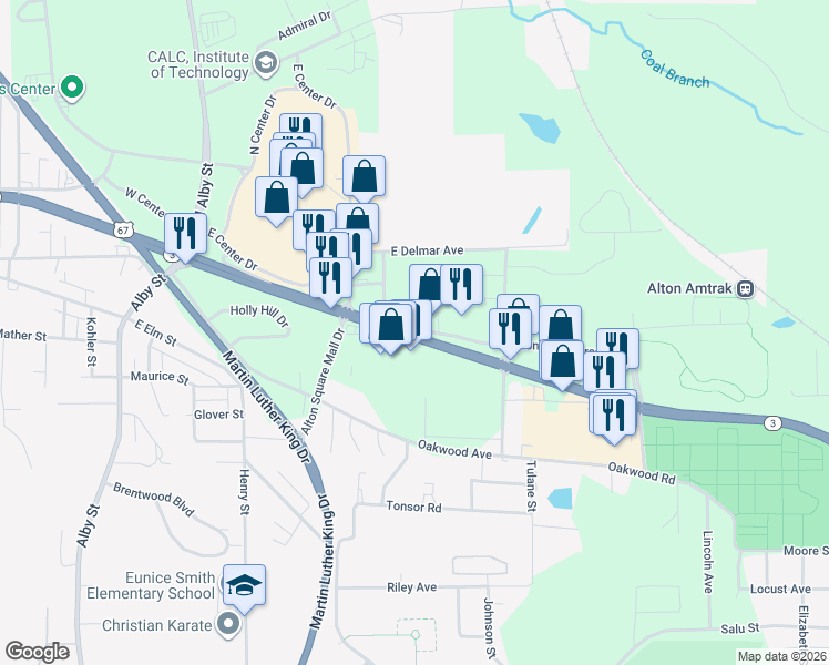 map of restaurants, bars, coffee shops, grocery stores, and more near 300 Homer M Adams Parkway in Alton