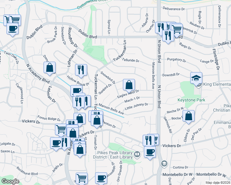 map of restaurants, bars, coffee shops, grocery stores, and more near 6065 Snowbird Drive in Colorado Springs