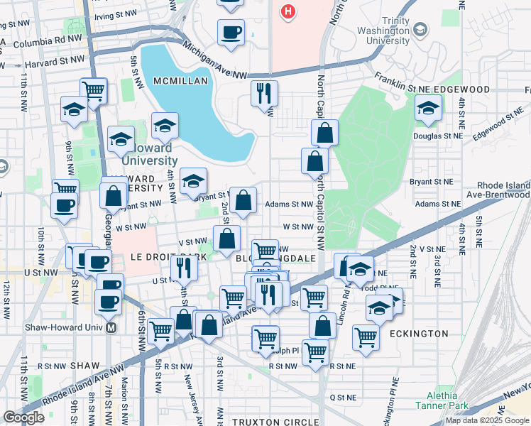 map of restaurants, bars, coffee shops, grocery stores, and more near 2218 1st Street Northwest in Washington