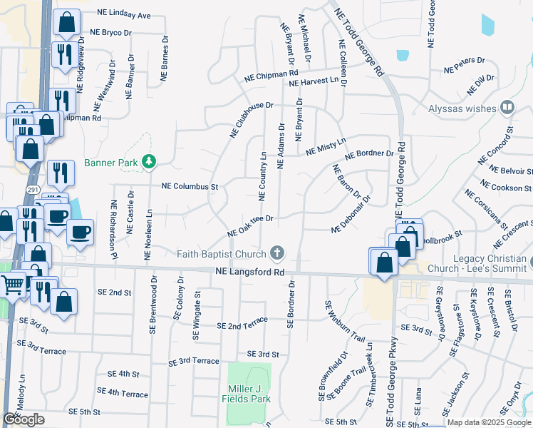 map of restaurants, bars, coffee shops, grocery stores, and more near 409 Northeast Country Lane in Lee's Summit