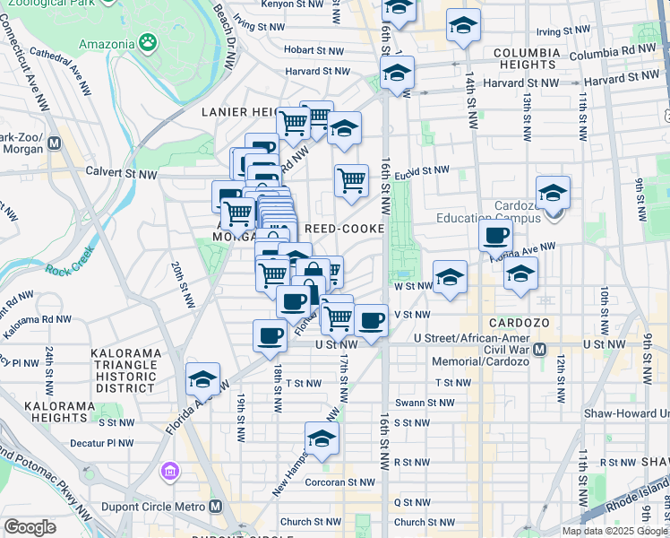 map of restaurants, bars, coffee shops, grocery stores, and more near 2200 17th Street Northwest in Washington