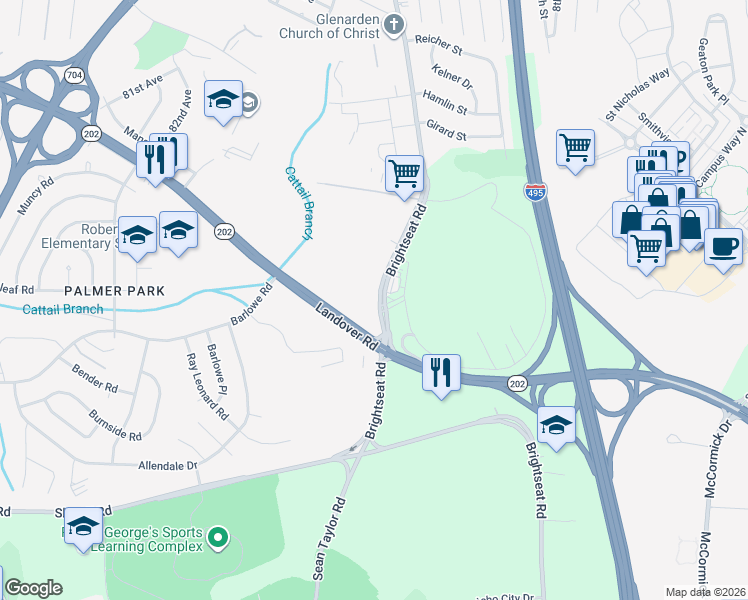 map of restaurants, bars, coffee shops, grocery stores, and more near 8460 Landover Road in Hyattsville