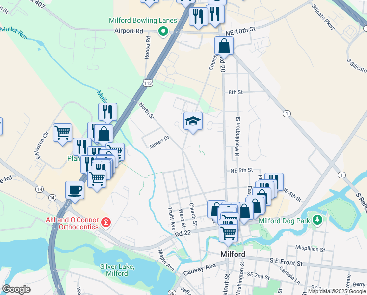map of restaurants, bars, coffee shops, grocery stores, and more near 909 Church Street in Milford