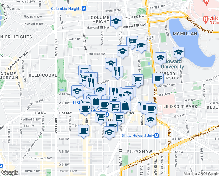 map of restaurants, bars, coffee shops, grocery stores, and more near 2225 12th Place Northwest in Washington