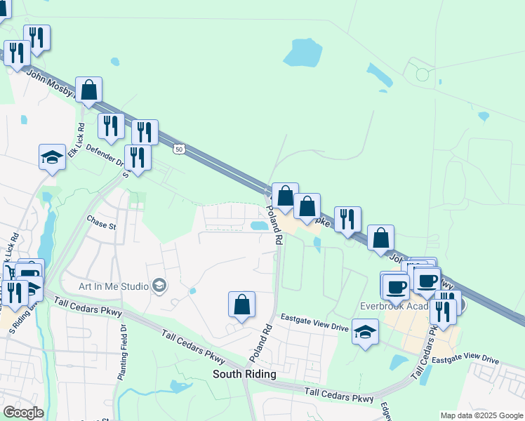 map of restaurants, bars, coffee shops, grocery stores, and more near 43518 Stonecliff Terrace in Chantilly