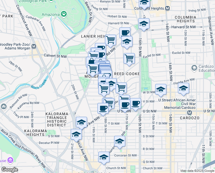 map of restaurants, bars, coffee shops, grocery stores, and more near 2305 18th Street Northwest in Washington