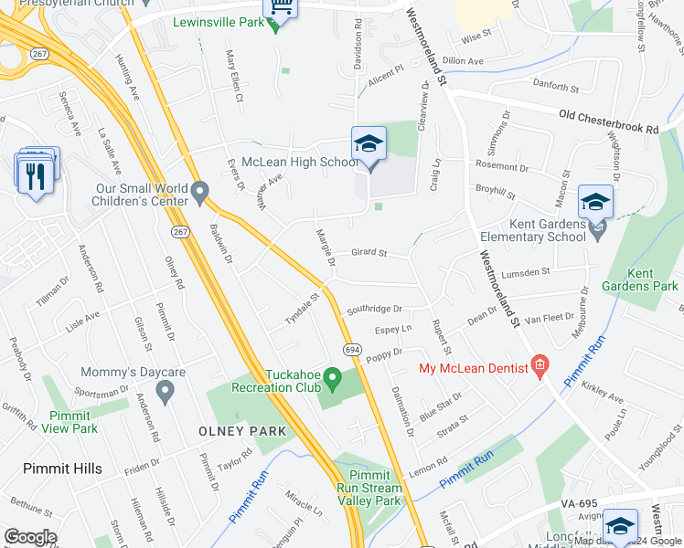map of restaurants, bars, coffee shops, grocery stores, and more near 7010 Tyndale Street in McLean