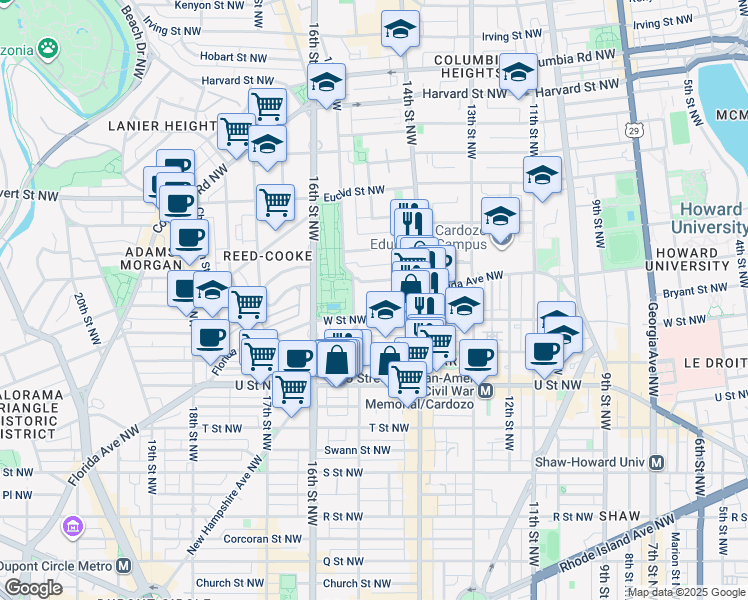 map of restaurants, bars, coffee shops, grocery stores, and more near 1463 Florida Avenue Northwest in Washington