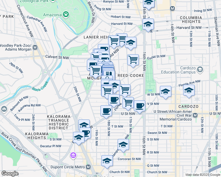 map of restaurants, bars, coffee shops, grocery stores, and more near 2305 18th Street Northwest in Washington