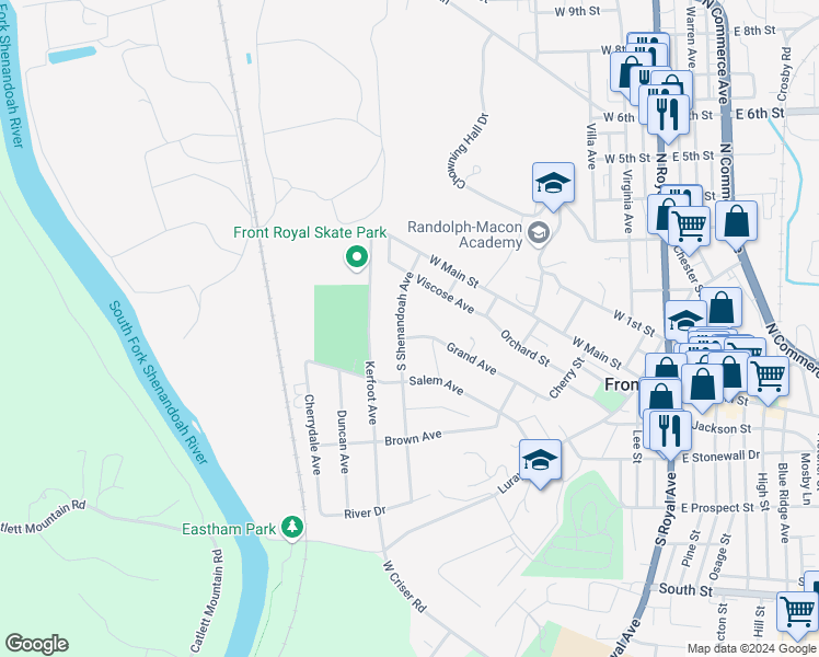 map of restaurants, bars, coffee shops, grocery stores, and more near 124 South Shenandoah Avenue in Front Royal