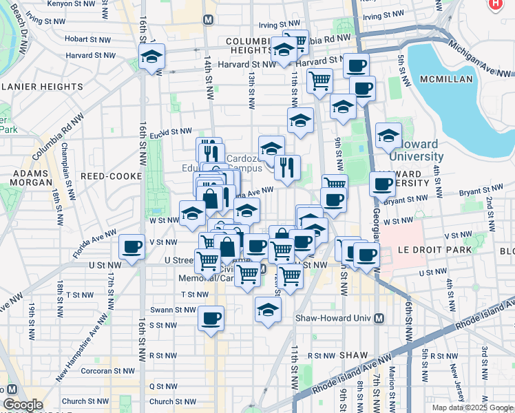 map of restaurants, bars, coffee shops, grocery stores, and more near 2221 13th Street Northwest in Washington