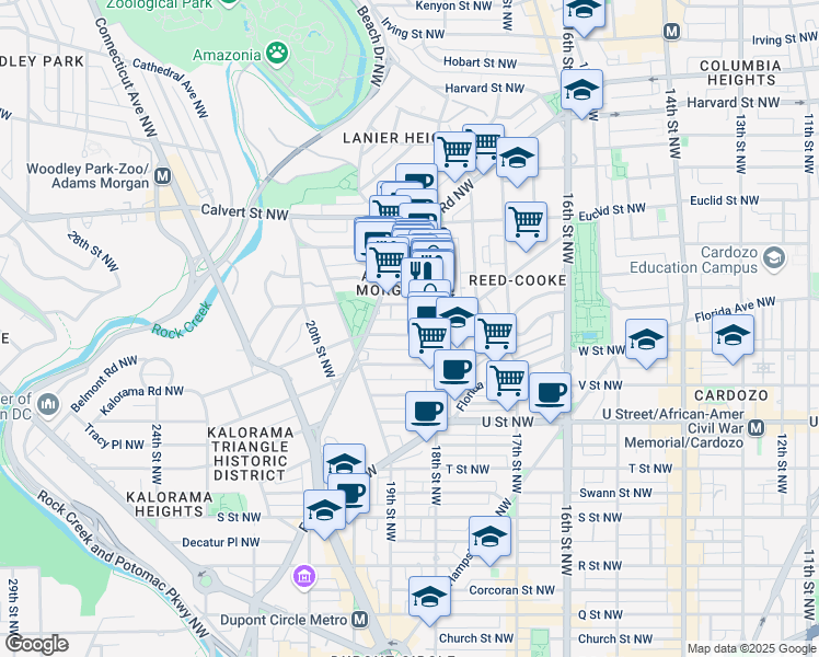 map of restaurants, bars, coffee shops, grocery stores, and more near 1823 Kalorama Road Northwest in Washington