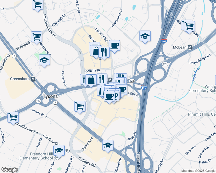 map of restaurants, bars, coffee shops, grocery stores, and more near 1942 Chain Bridge Road in McLean
