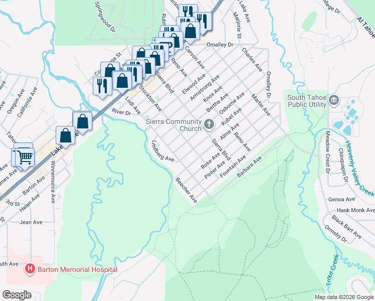 map of restaurants, bars, coffee shops, grocery stores, and more near 2505 Osborne Avenue in South Lake Tahoe