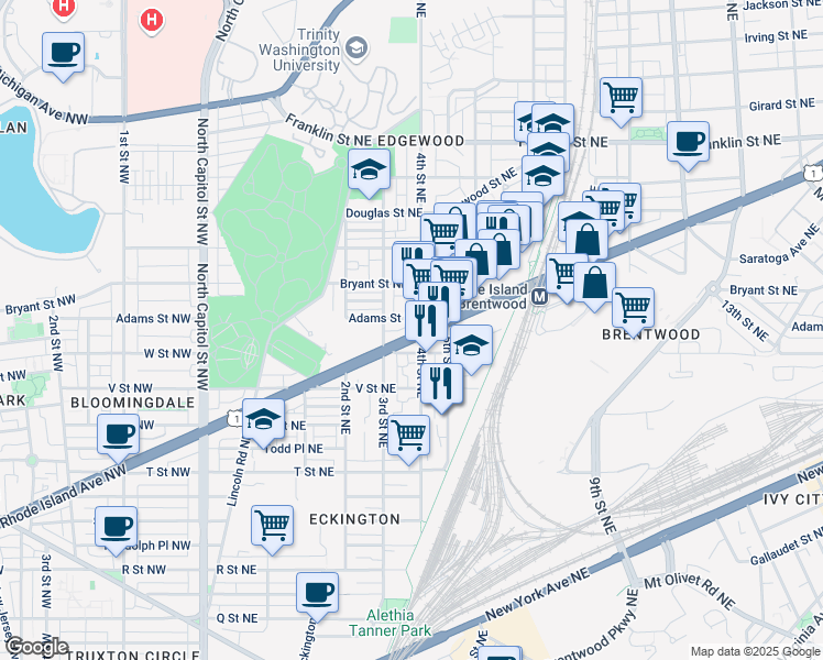map of restaurants, bars, coffee shops, grocery stores, and more near 330 Rhode Island Avenue Northeast in Washington