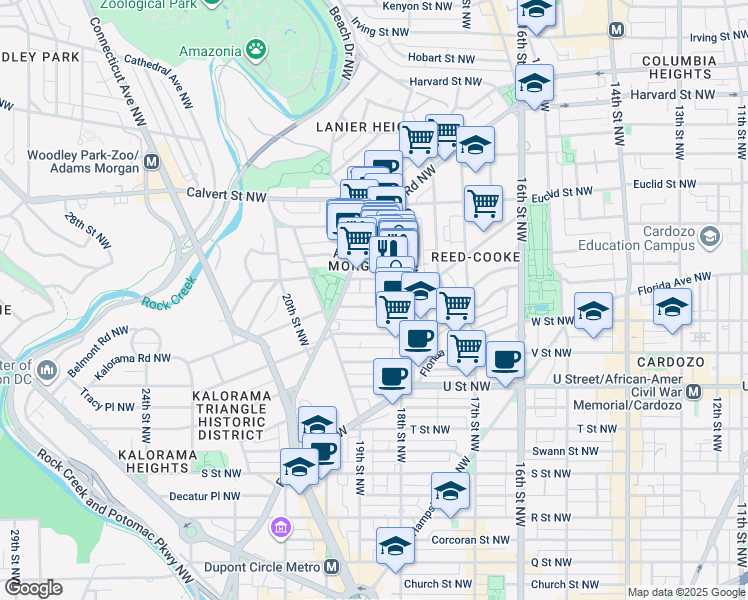 map of restaurants, bars, coffee shops, grocery stores, and more near 1827 Kalorama Road Northwest in Washington