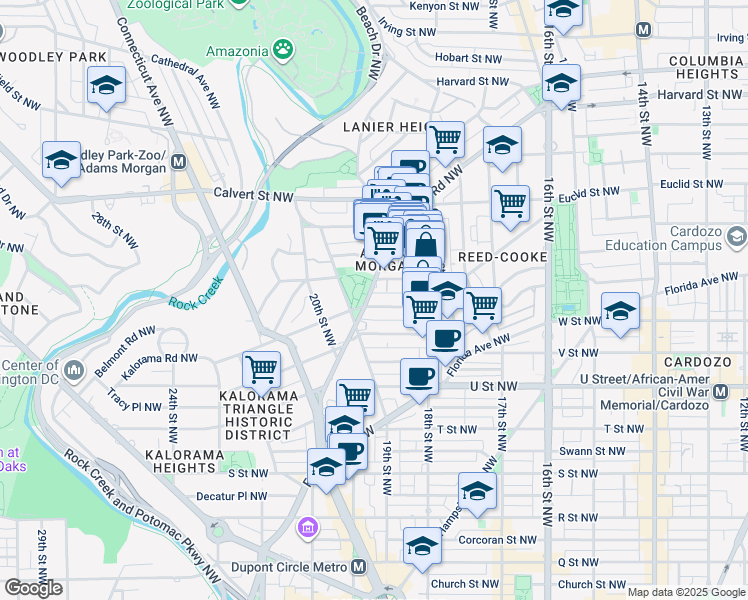 map of restaurants, bars, coffee shops, grocery stores, and more near 1880 Columbia Road Northwest in Washington