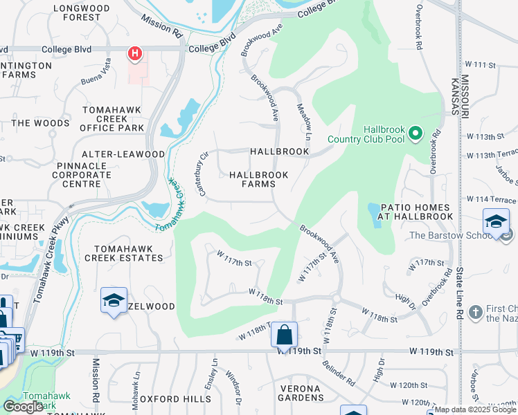 map of restaurants, bars, coffee shops, grocery stores, and more near 11504 Brookwood Street in Leawood