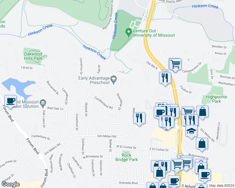 map of restaurants, bars, coffee shops, grocery stores, and more near 2822 Greenbriar Drive in Columbia