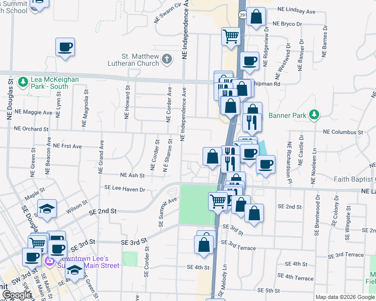 map of restaurants, bars, coffee shops, grocery stores, and more near 309 Northeast Independence Avenue in Lee's Summit