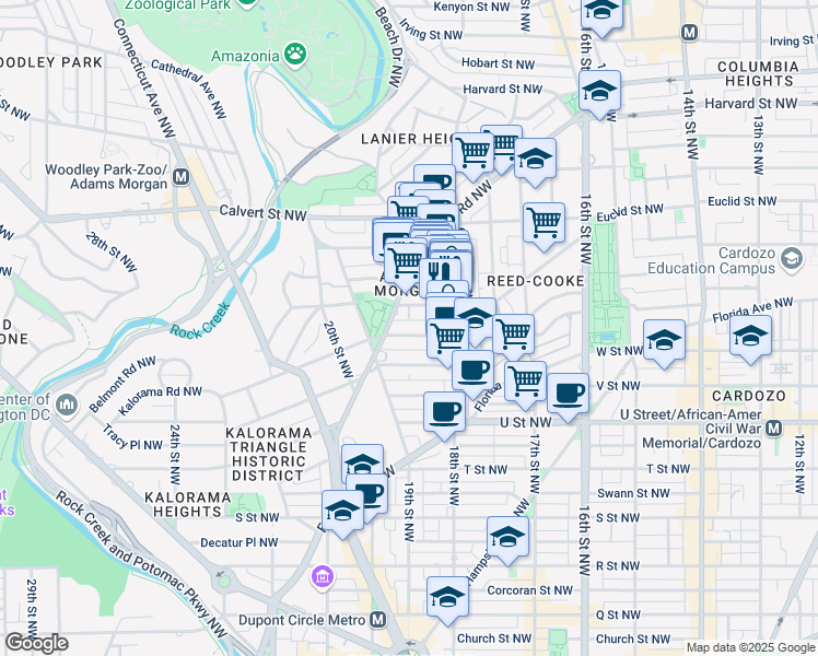 map of restaurants, bars, coffee shops, grocery stores, and more near 1845 Kalorama Road Northwest in Washington