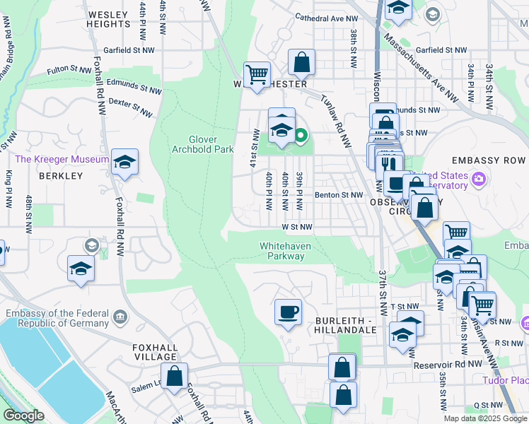 map of restaurants, bars, coffee shops, grocery stores, and more near 2216 40th Street Northwest in Washington