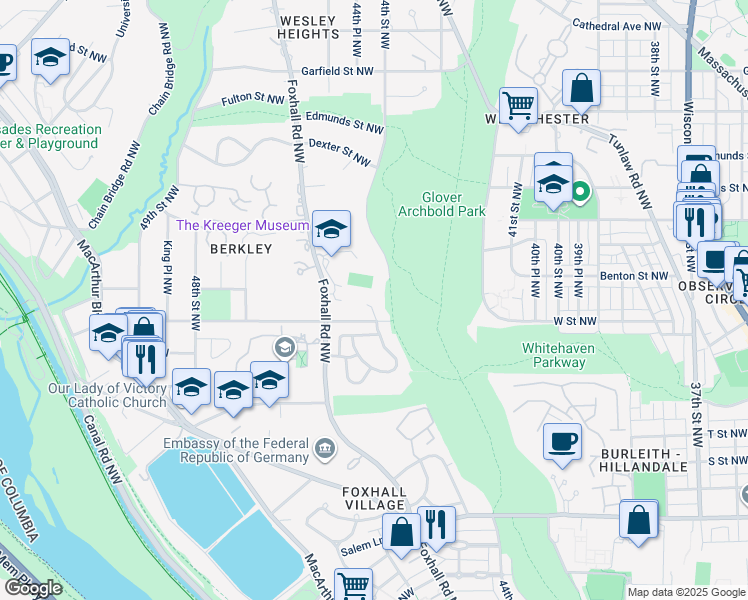 map of restaurants, bars, coffee shops, grocery stores, and more near 2206 Foxboro Place Northwest in Washington