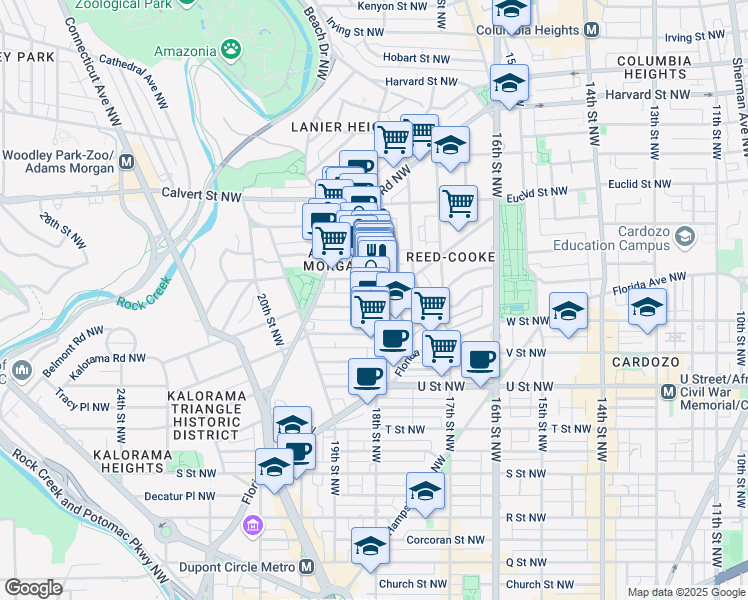 map of restaurants, bars, coffee shops, grocery stores, and more near 18th Street Northwest in Washington