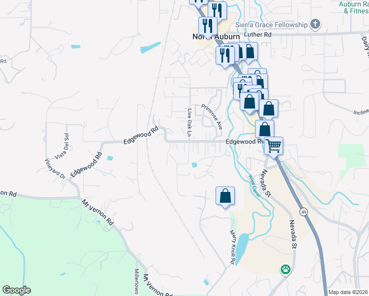 map of restaurants, bars, coffee shops, grocery stores, and more near 1207 Live Oak Lane in Auburn