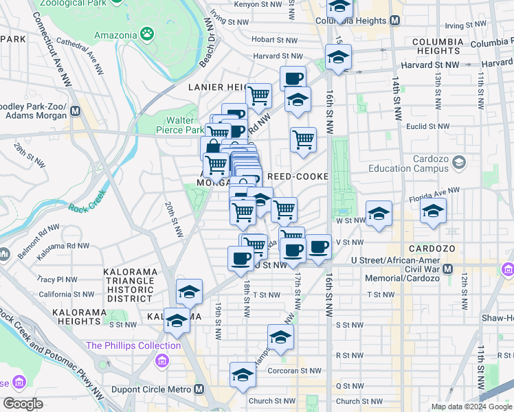 map of restaurants, bars, coffee shops, grocery stores, and more near 1745 Kalorama Road Northwest in Washington