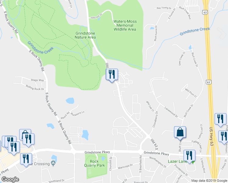 map of restaurants, bars, coffee shops, grocery stores, and more near 2615 Old 63 South in Columbia