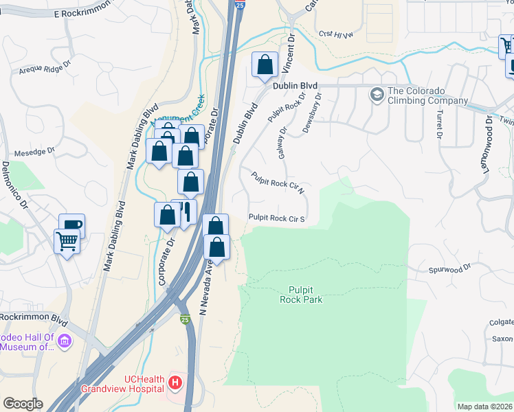 map of restaurants, bars, coffee shops, grocery stores, and more near 6160 Pulpit Rock Drive in Colorado Springs