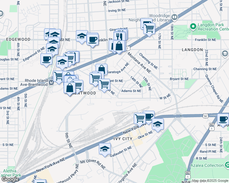 map of restaurants, bars, coffee shops, grocery stores, and more near 2217 13th Street Northeast in Washington