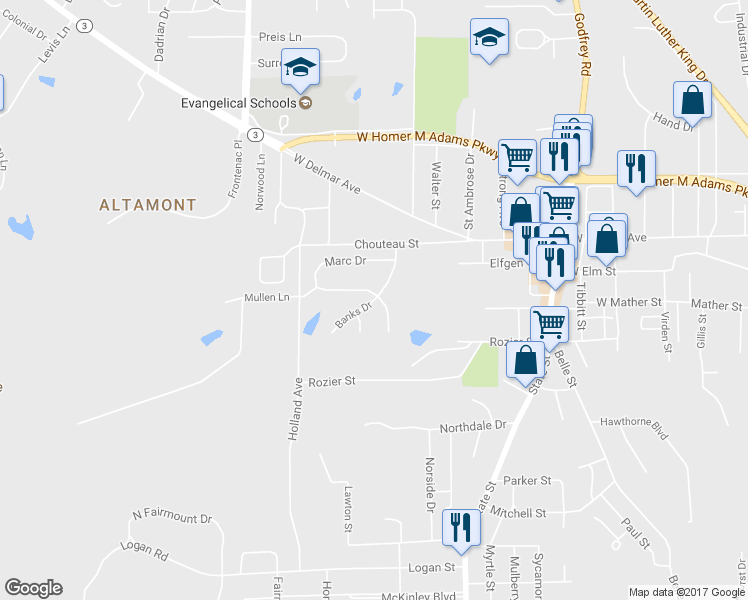 map of restaurants, bars, coffee shops, grocery stores, and more near 2588 Banks Drive in Alton