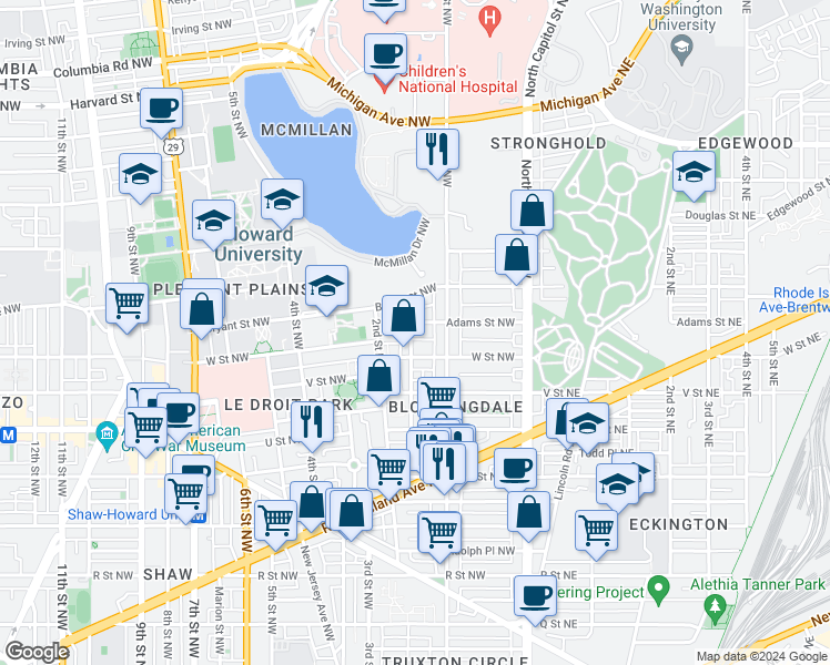 map of restaurants, bars, coffee shops, grocery stores, and more near 2225 Flagler Place Northwest in Washington