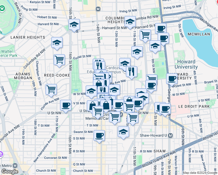 map of restaurants, bars, coffee shops, grocery stores, and more near 101 Independence Avenue Southeast in Washington