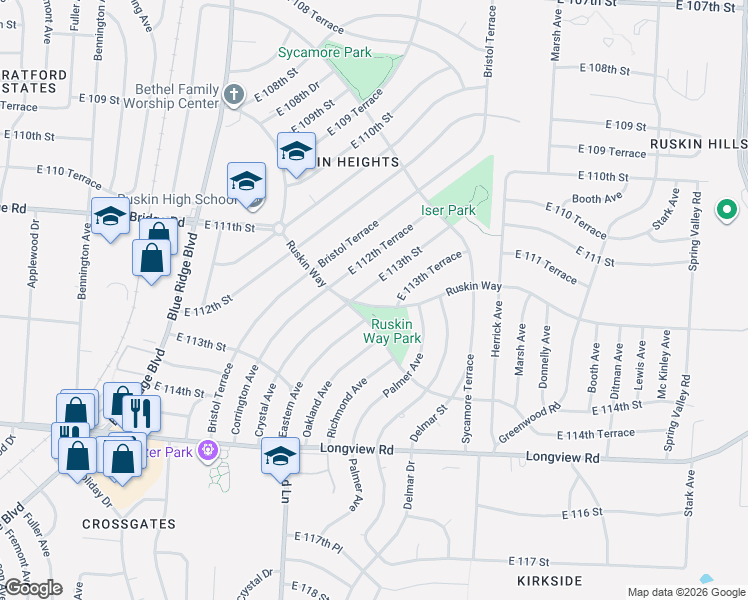 map of restaurants, bars, coffee shops, grocery stores, and more near 7609 East 113th Street in Kansas City