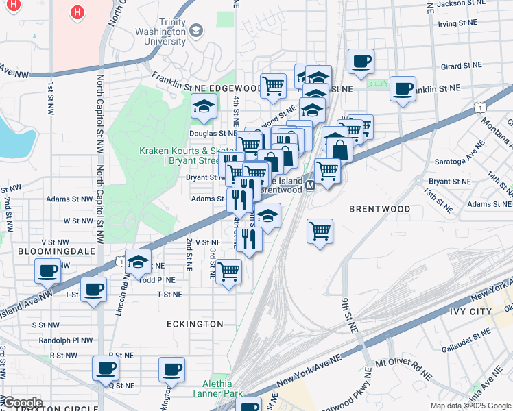 map of restaurants, bars, coffee shops, grocery stores, and more near 2225 5th Street Northeast in Washington