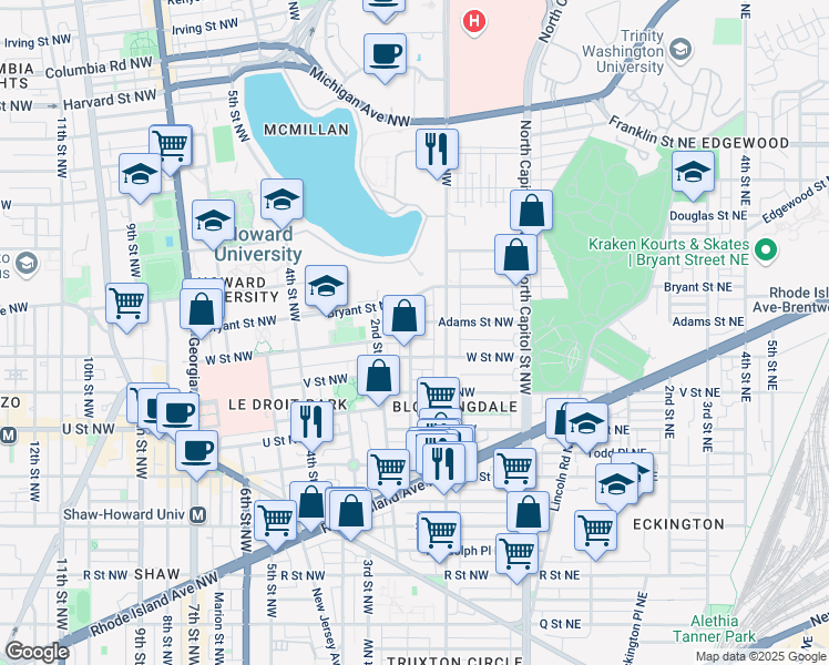 map of restaurants, bars, coffee shops, grocery stores, and more near 2225 Flagler Place Northwest in Washington