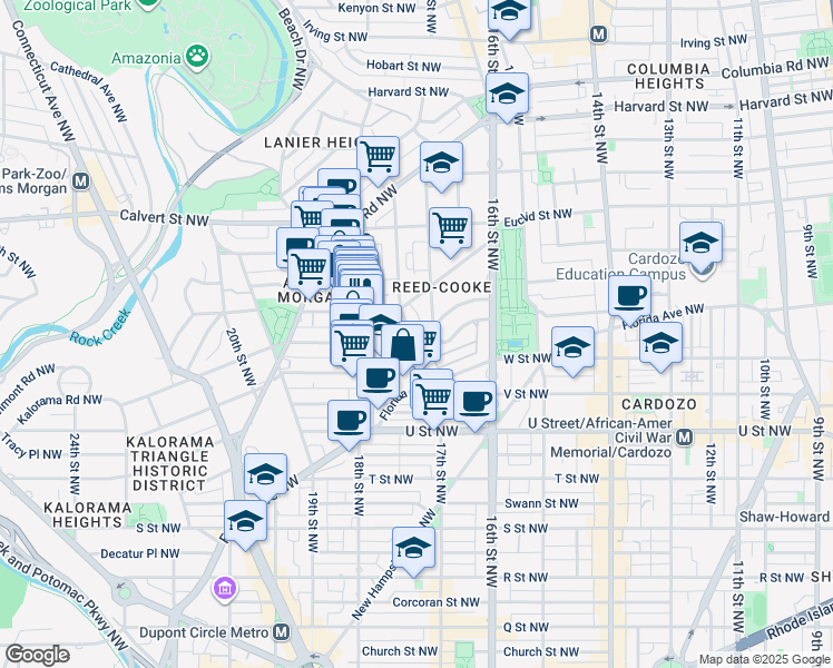 map of restaurants, bars, coffee shops, grocery stores, and more near 2225 Ontario Road Northwest in Washington