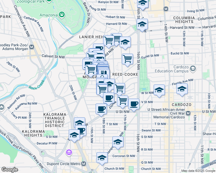 map of restaurants, bars, coffee shops, grocery stores, and more near 1745 Kalorama Road Northwest in Washington
