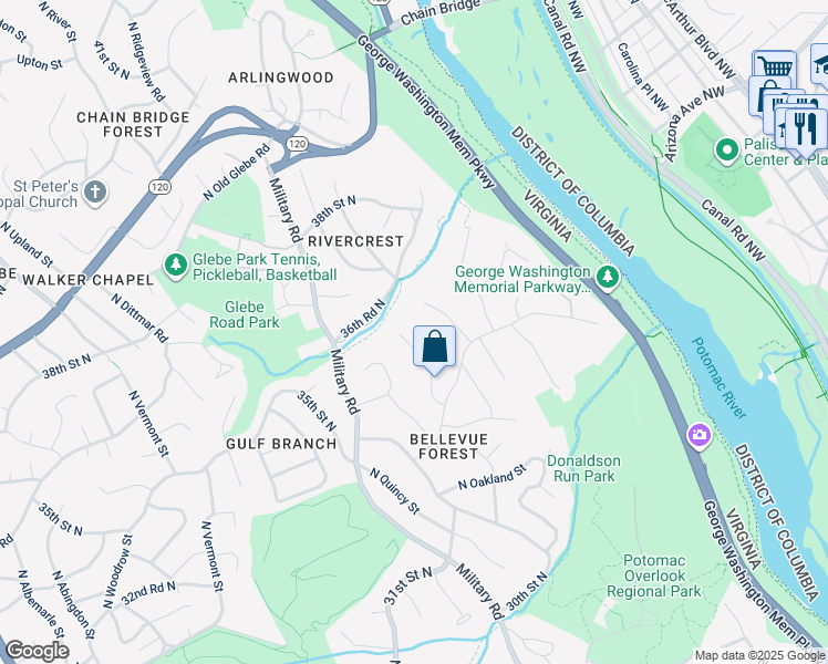 map of restaurants, bars, coffee shops, grocery stores, and more near 3619 North Peary Street in Arlington