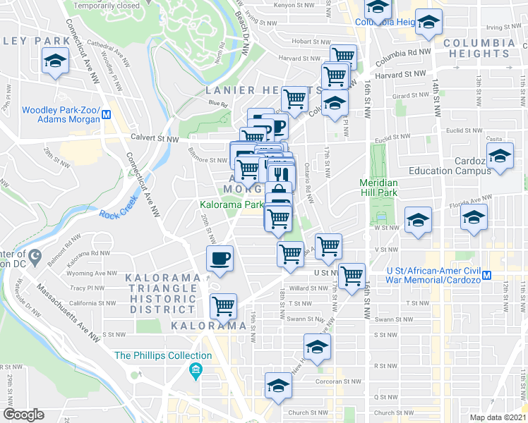 map of restaurants, bars, coffee shops, grocery stores, and more near 1827 Kalorama Road Northwest in Washington